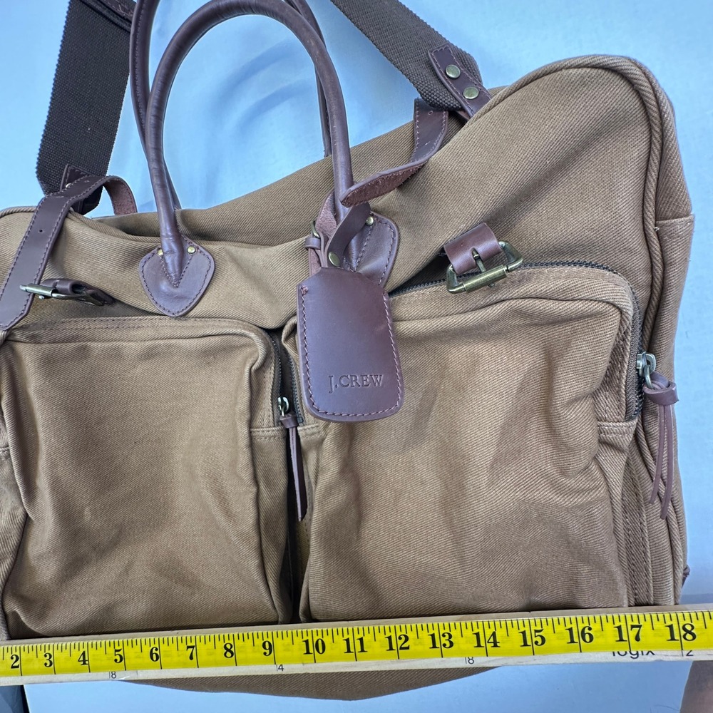 J.Crew Canvas Leather Weekender Duffel Brown Khaki Travel Bag OS - Picture 5 of 16